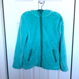 Slightly worn, great condition turquoise fleece girls jacket w/ zipper & hood